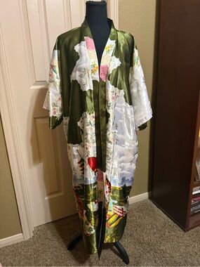 Satin Kimono Robe in Olive Green and White with Floral Motif